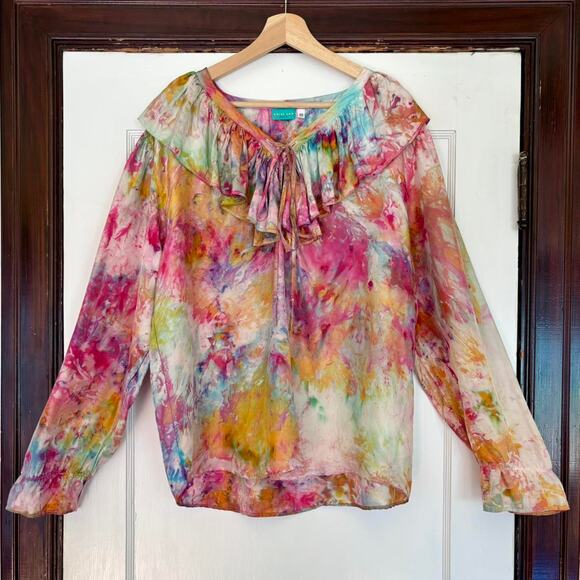 Chloe Cox Upcycled / Handmade Tie Dye Silk Ruffle Blouse- One Size, NWT - Picture 1 of 7